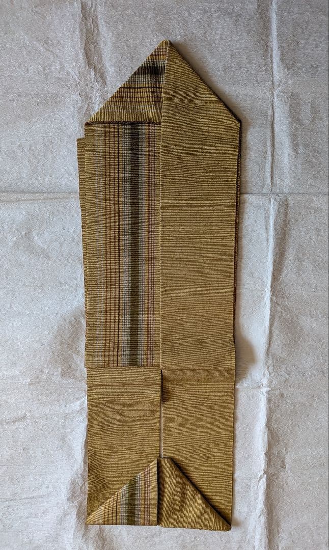 【美品】ミンサー織 名古屋帯 明るめの鶯色(落ち着いた黄色寄り) モスグリーン