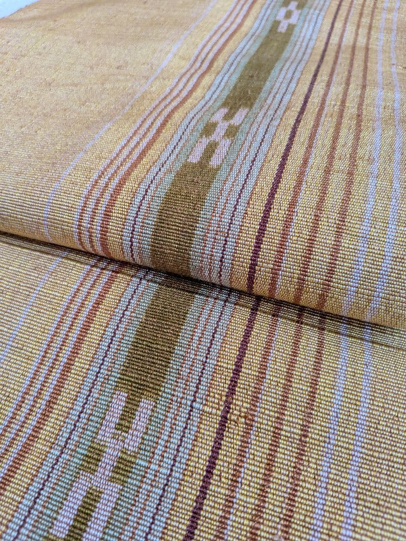 【美品】ミンサー織 名古屋帯 明るめの鶯色(落ち着いた黄色寄り) モスグリーン