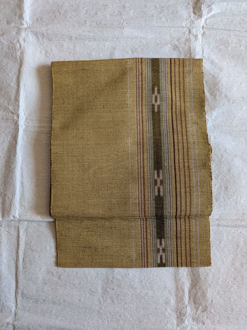 【美品】ミンサー織 名古屋帯 明るめの鶯色(落ち着いた黄色寄り) モスグリーン