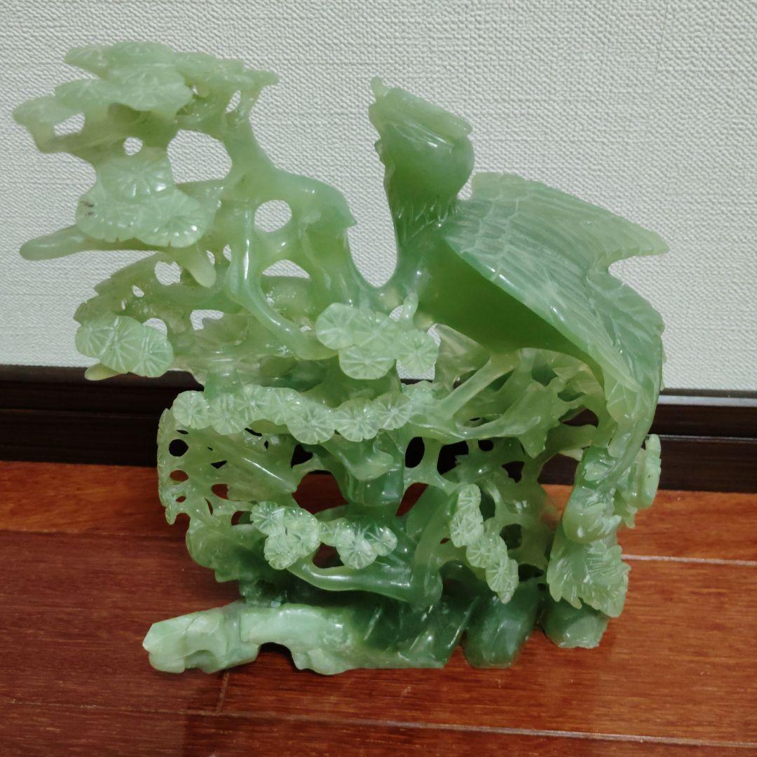 翡翠製 鳥と花の彫刻 約30cm