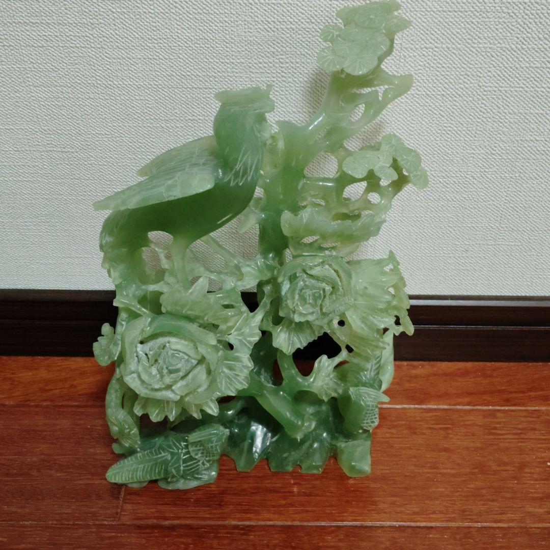 翡翠製 鳥と花の彫刻 約30cm