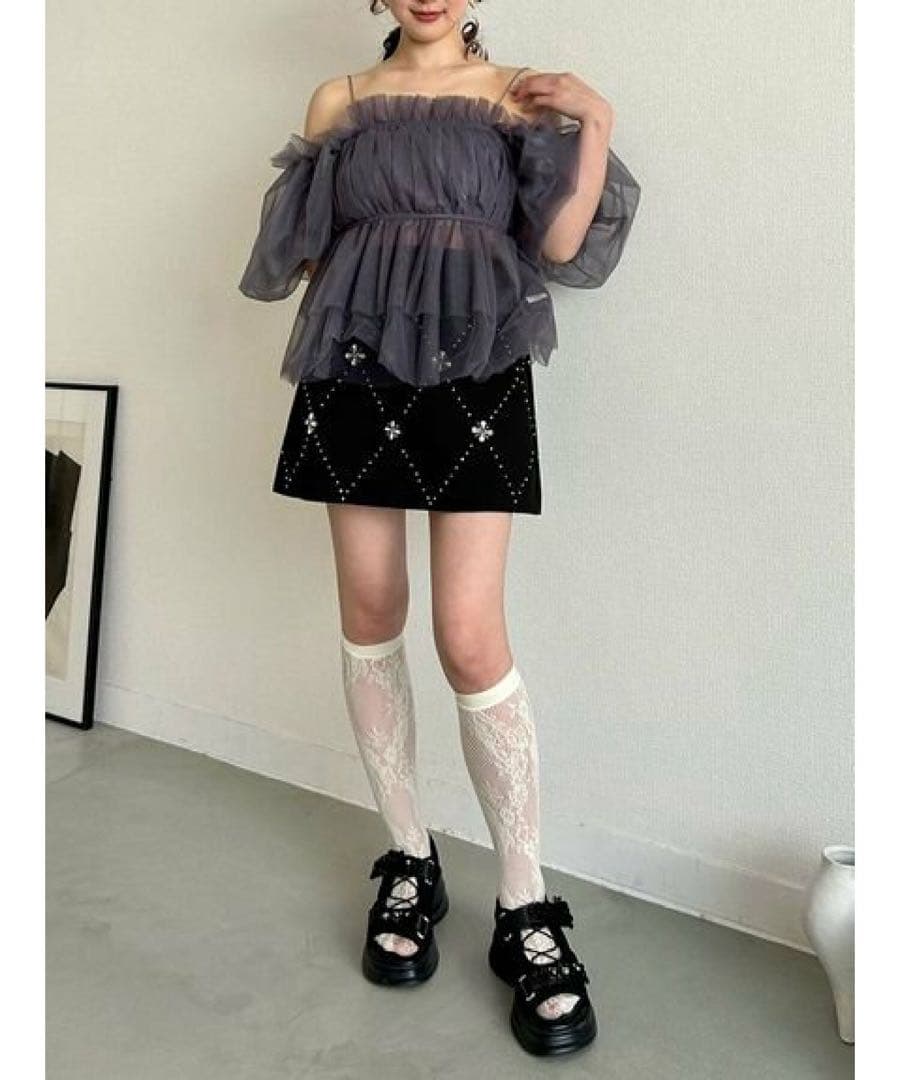 [L.B CANDY STOCK]フラワービジューミニスカート