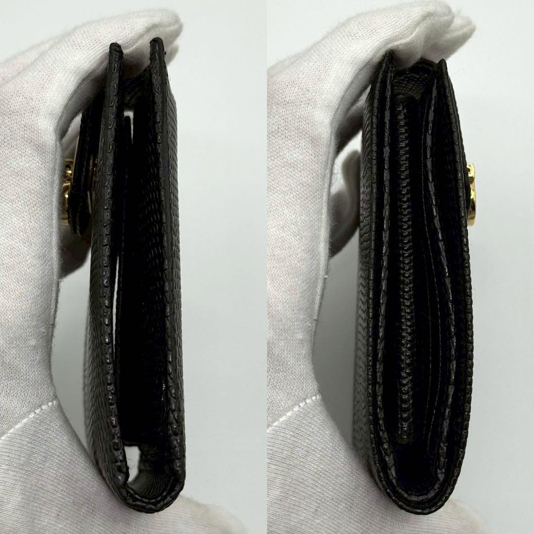 【未使用品】フェラガモ 折り財布 ガンチーニ リザード型押し ゴールド金具 黒