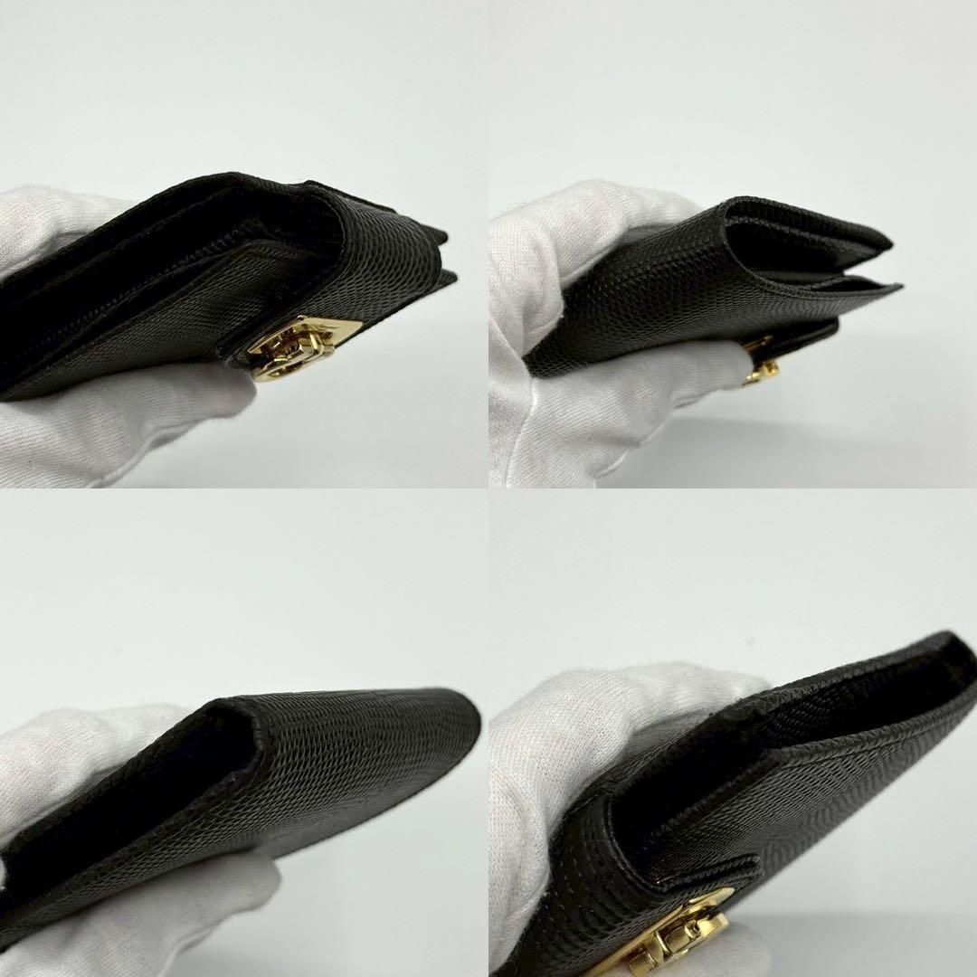 【未使用品】フェラガモ 折り財布 ガンチーニ リザード型押し ゴールド金具 黒