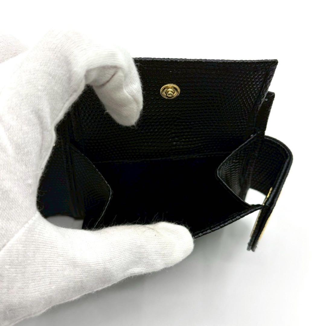 【未使用品】フェラガモ 折り財布 ガンチーニ リザード型押し ゴールド金具 黒