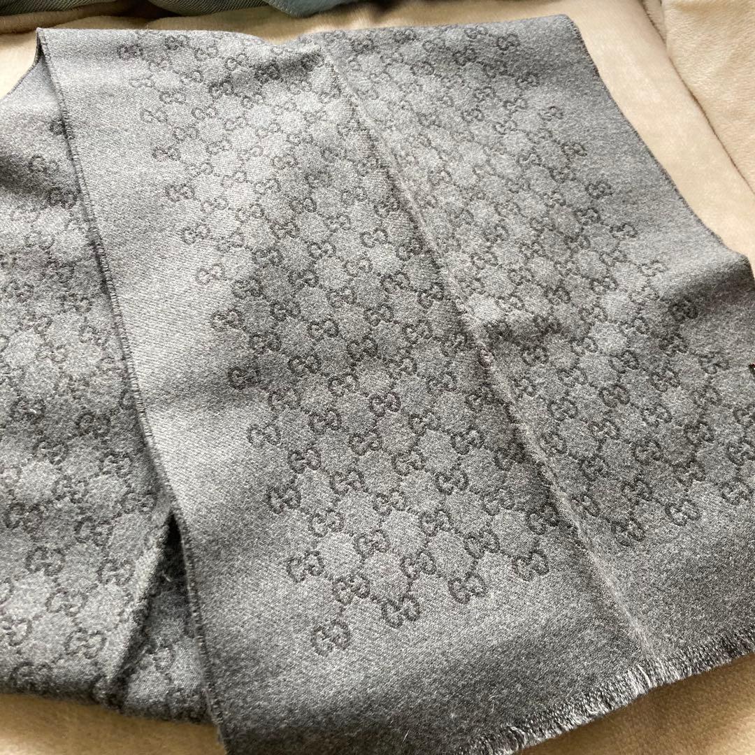 グッチ GUCCI ストール マフラー GG柄 グレー ウール100%