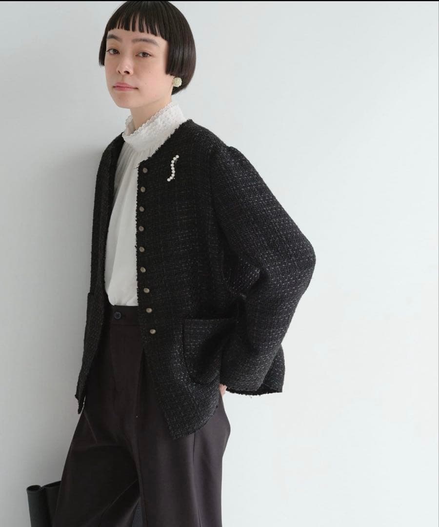 pual ce cin ツイードノーカラージャケット ブラック