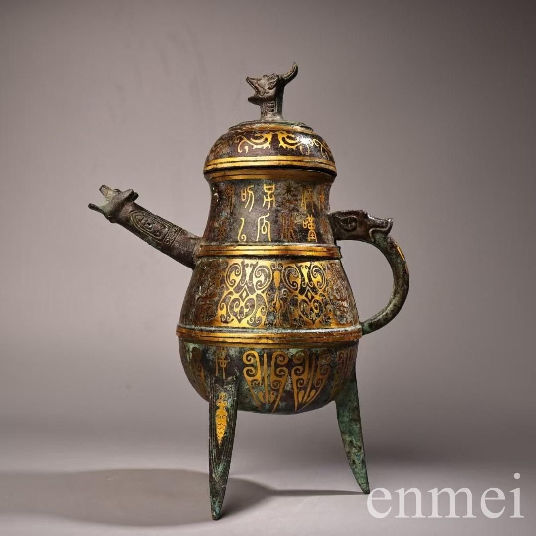 中国古美術・旧蔵搓金装飾付き銘文入り青銅酒壺・青銅・純手作り・高浮彫・置物・酒器