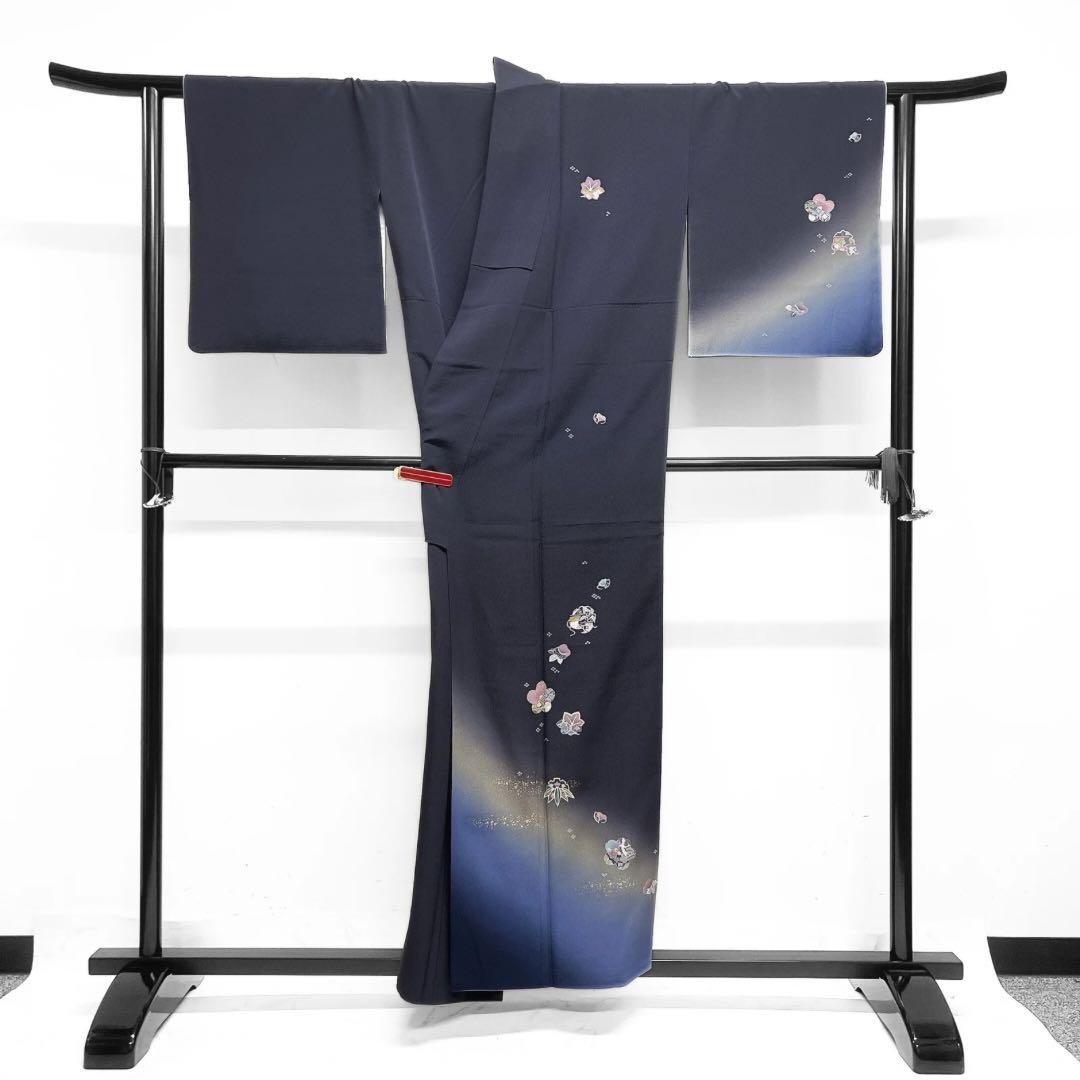 付け下げ　金駒刺繍　金彩　松竹梅　雪輪　桜　ネイビー　着物　121a d