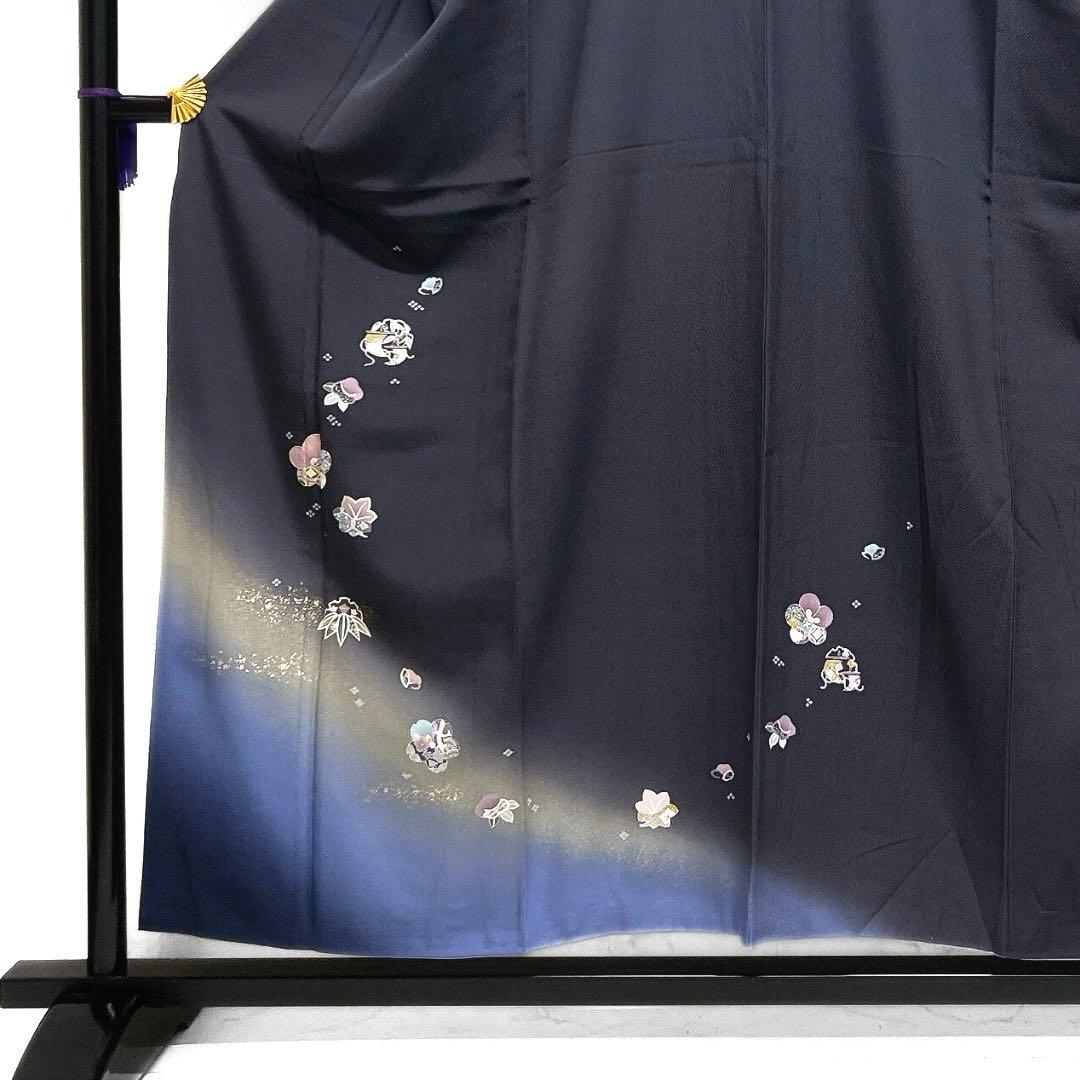 付け下げ　金駒刺繍　金彩　松竹梅　雪輪　桜　ネイビー　着物　121a d