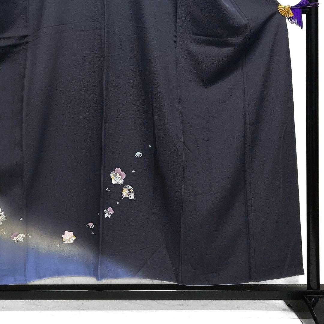 付け下げ　金駒刺繍　金彩　松竹梅　雪輪　桜　ネイビー　着物　121a d