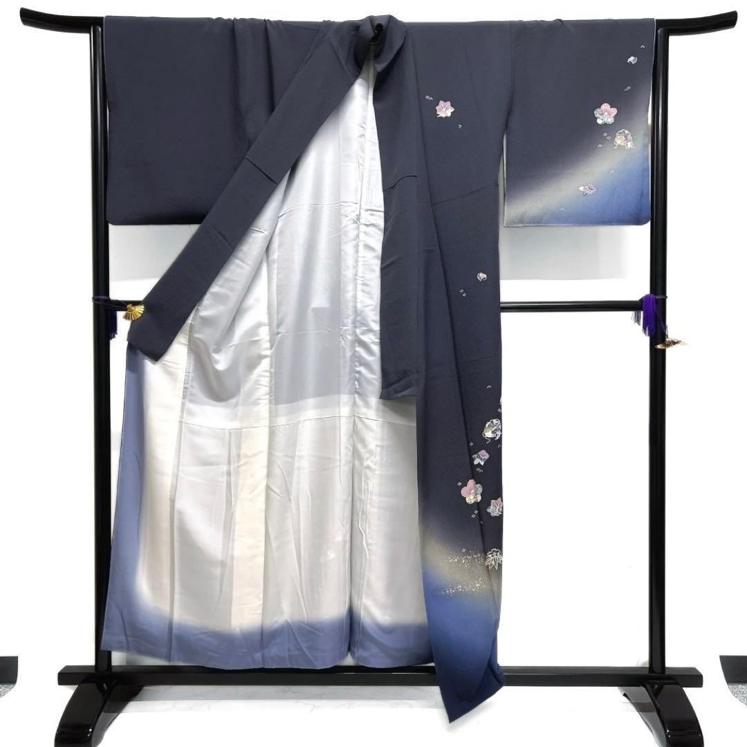 付け下げ　金駒刺繍　金彩　松竹梅　雪輪　桜　ネイビー　着物　121a d