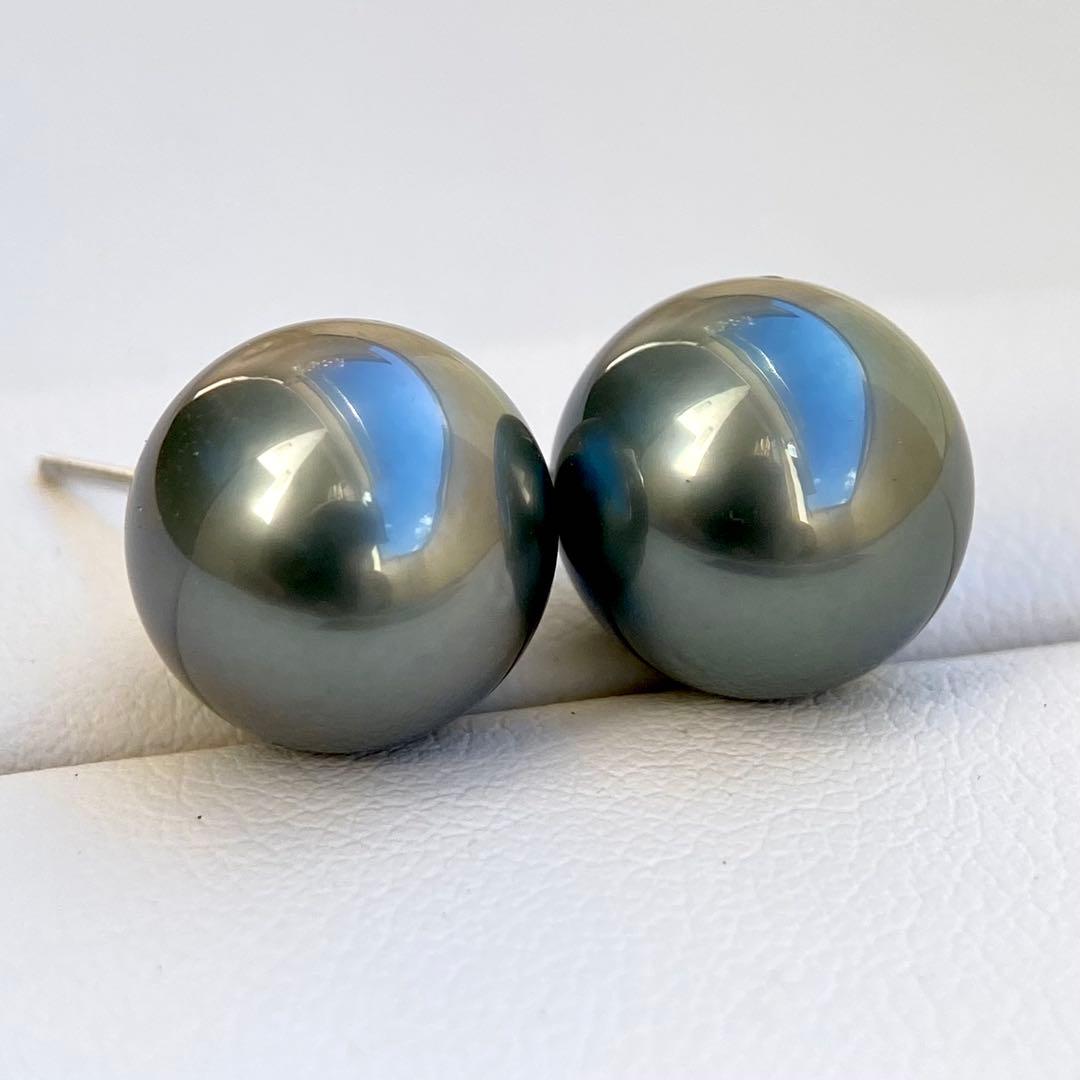 本真珠南洋黒蝶真珠グリーン11.45㍉大玉s925直結ピアスBL934