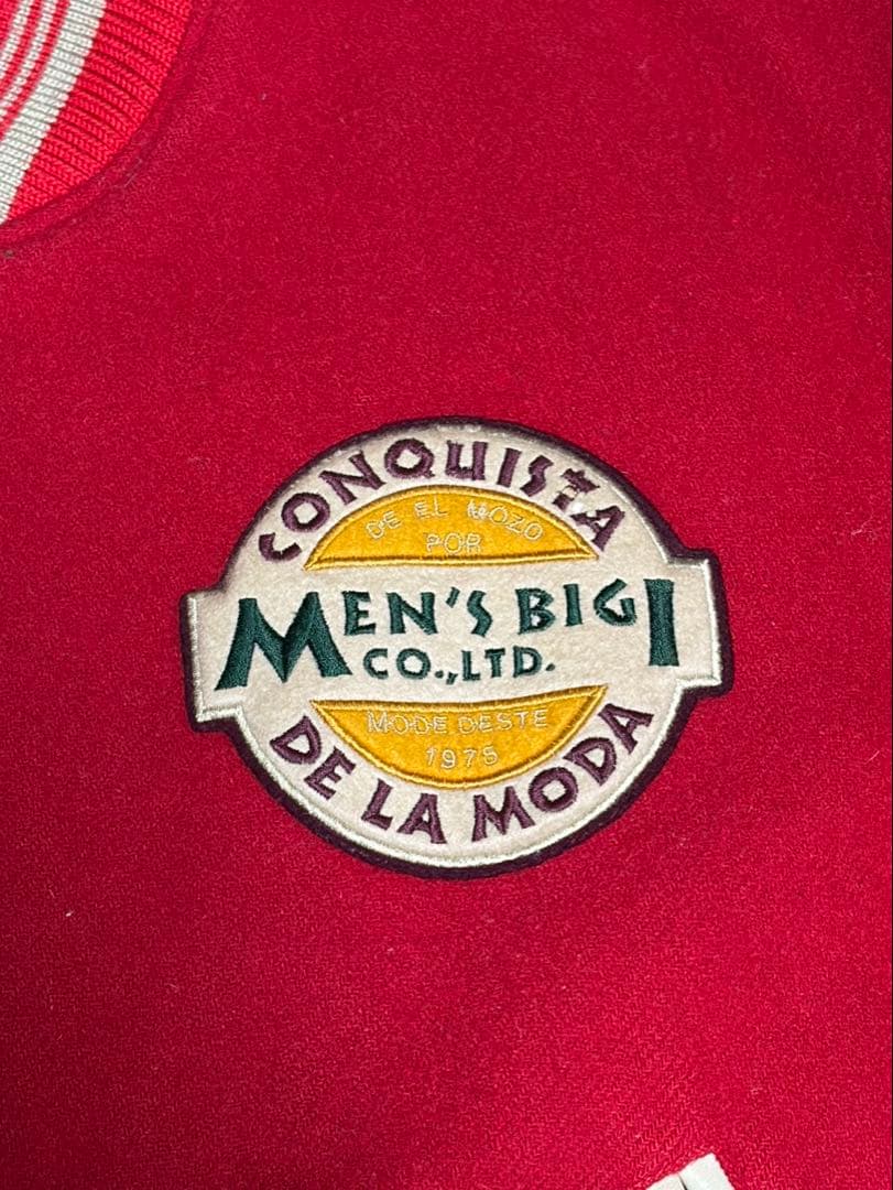 【MEN'S BIGI】 スタジャン 袖レザー ワッペン 刺繍 レッド/ホワイト