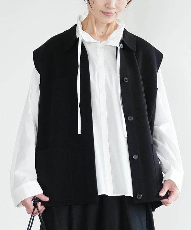 【新品タグ付】mizuiro ind ミズイロインド 襟付きワイドベスト 黒