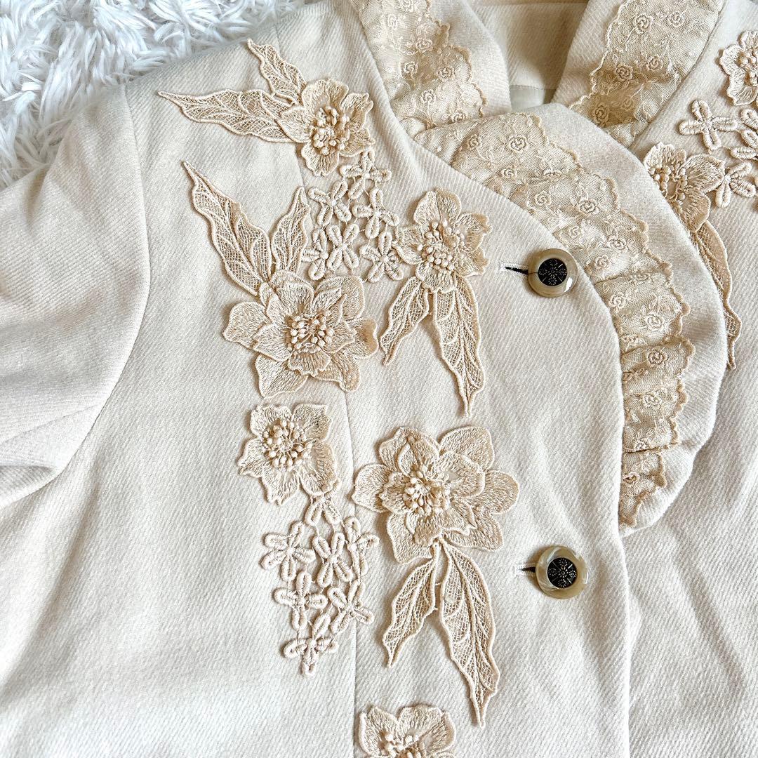 美品⁂びーどろぽえむ⁂ロングコート　レース　刺繍　フリル　アンゴラ　Aライン