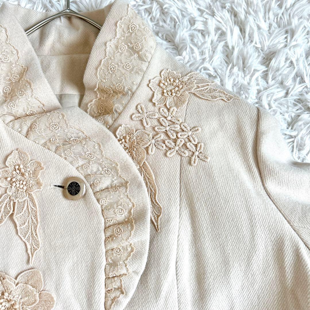 美品⁂びーどろぽえむ⁂ロングコート　レース　刺繍　フリル　アンゴラ　Aライン