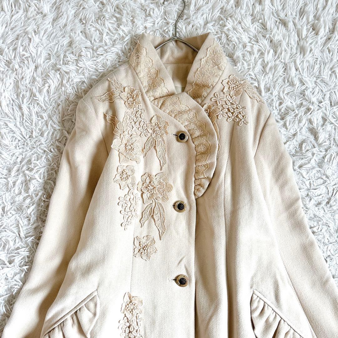 美品⁂びーどろぽえむ⁂ロングコート　レース　刺繍　フリル　アンゴラ　Aライン