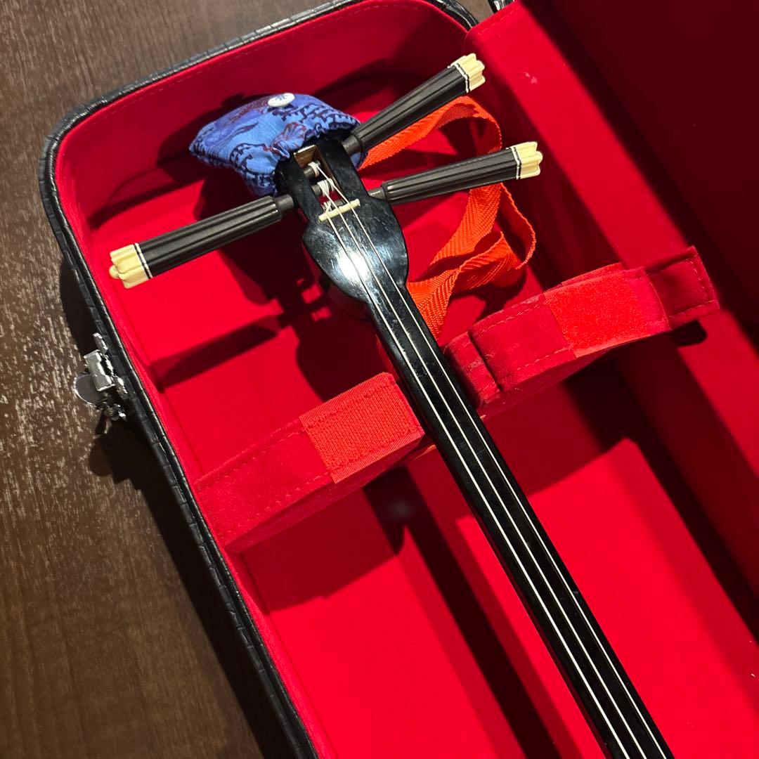 三線　本革　沖縄三味線　ハードケース、バチ付き
