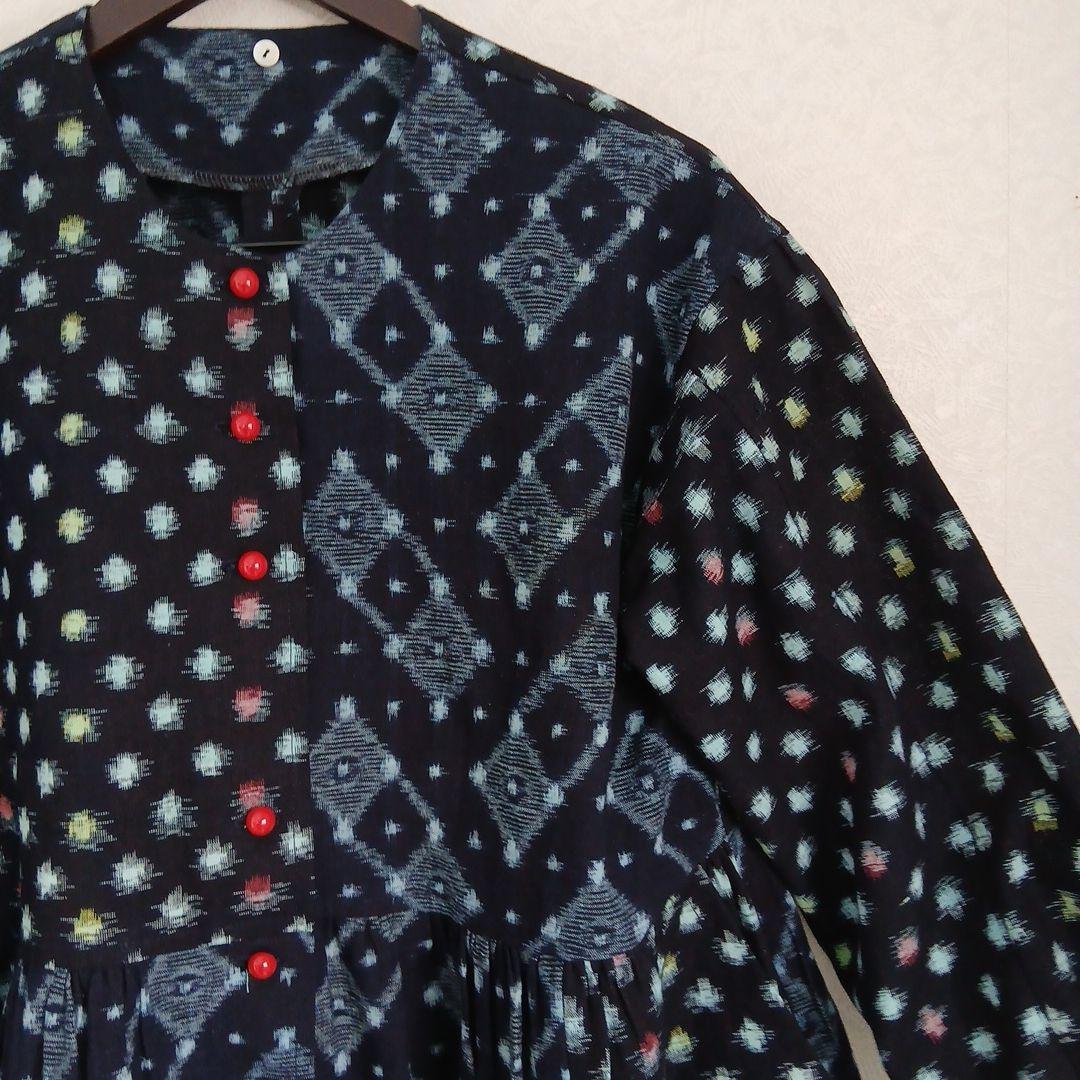 絣ロングワンピース(衿取り外しできる)(コート兼用)