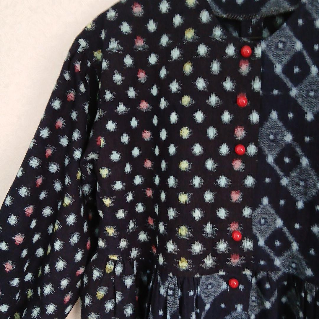 絣ロングワンピース(衿取り外しできる)(コート兼用)