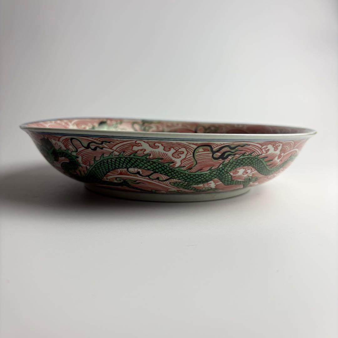 中国美術 五彩 龍文 皿 飾皿