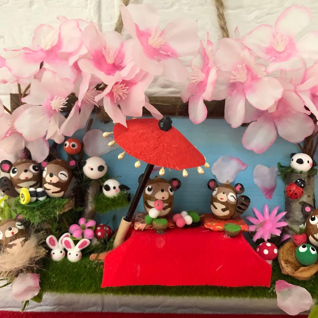 どんぐりアート♡たぬきちゃん壁掛けオブジェ　お花見おオブジェ　ミニ6個♡