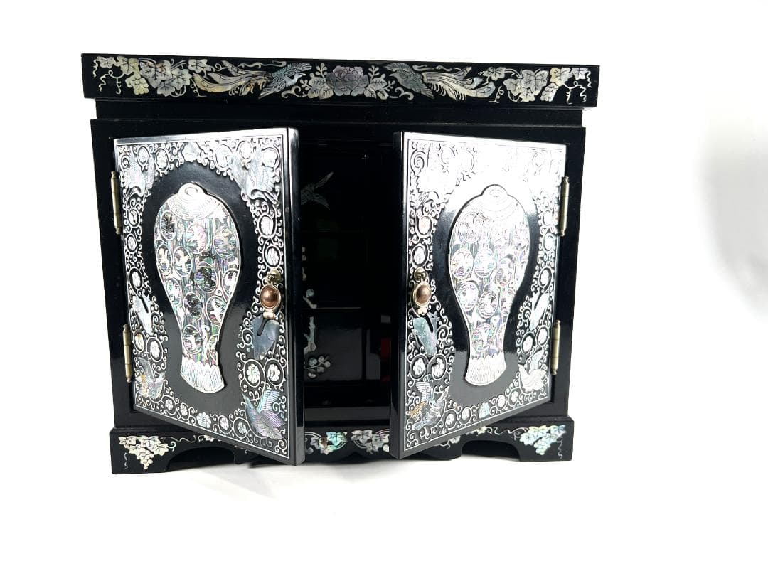 高級宝石箱　螺鈿細工 螺鈿 らでん 小物入れ 観音開き 道具箱 箱 ３段