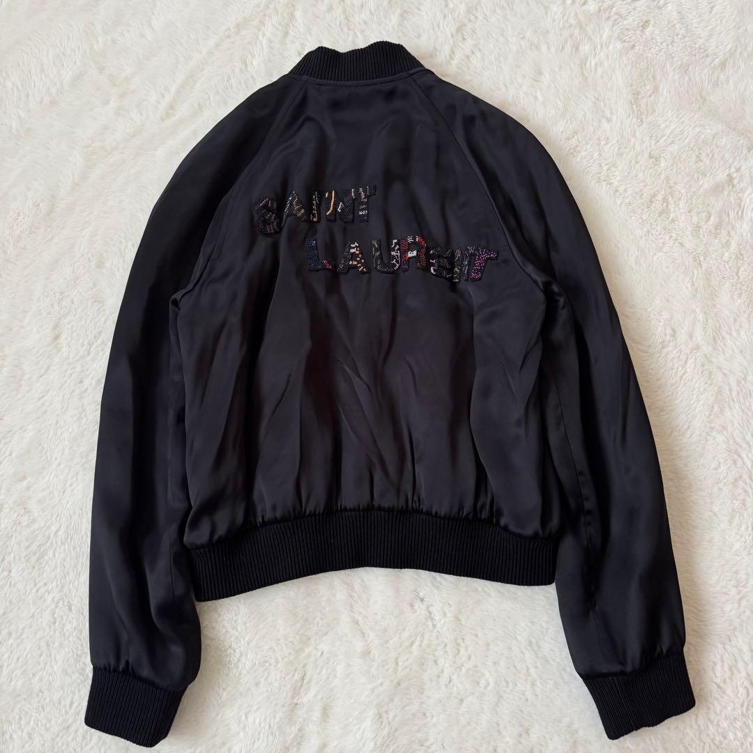サンローラン　ビーズ刺繍ロゴ ボンバージャケット 黒　38