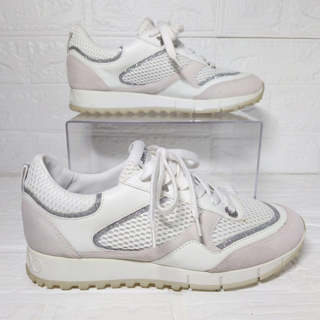 JIMMY CHOO ラインストーン メッシュローカットスニーカー 白 37.5