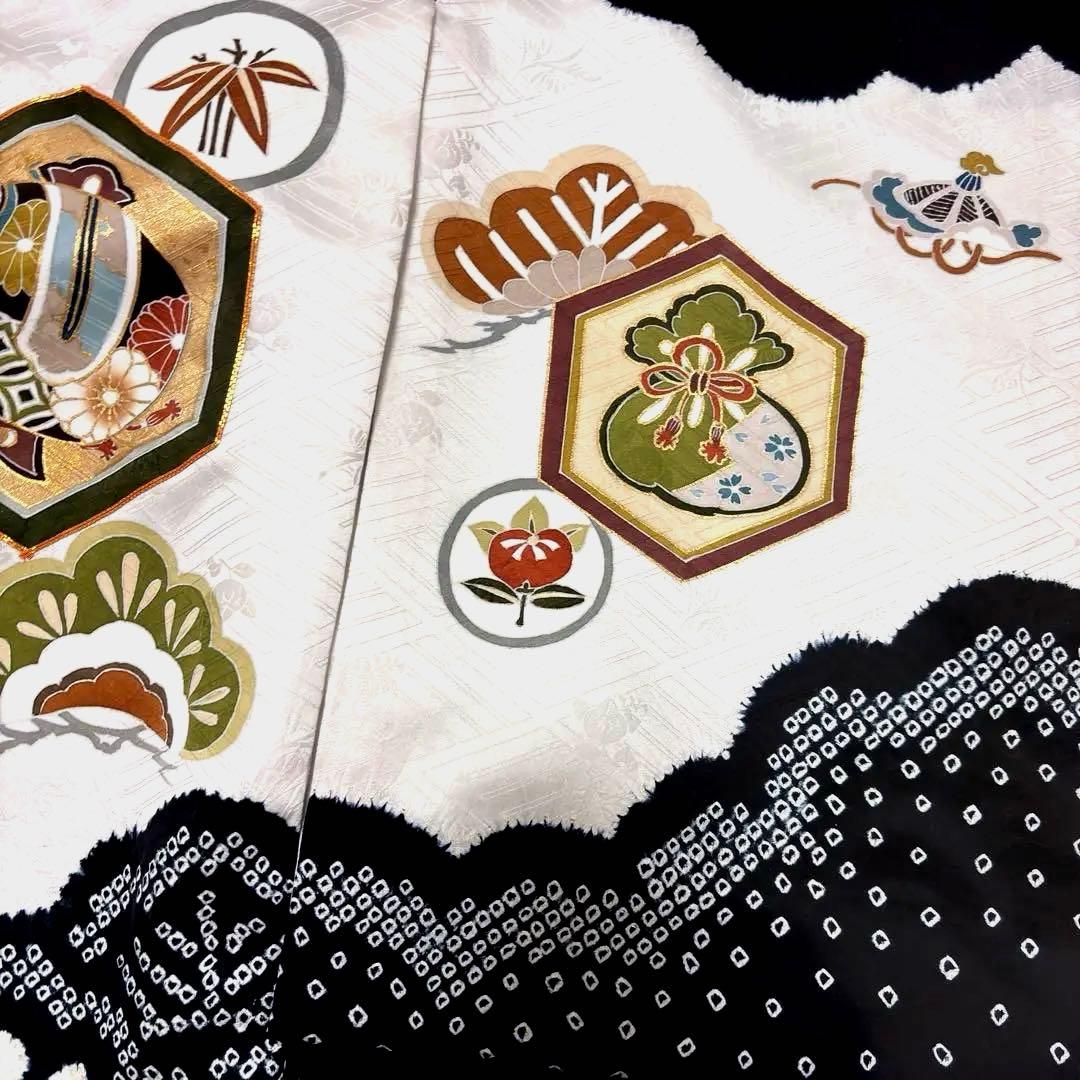 【新品】手書き京友禅 本絞り 金駒刺繍 お宮参り 産着 本金箔 長襦袢付 黒