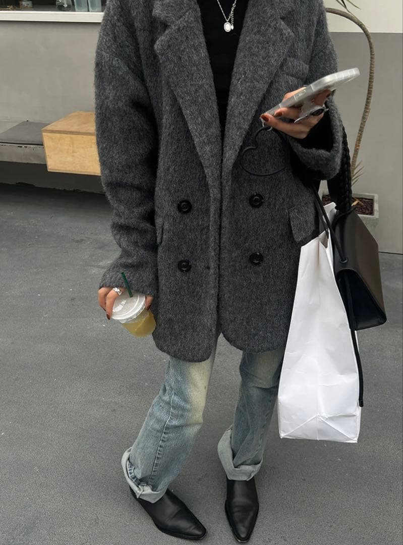 ミドル丈オーバーサイズシャギーコート♡チャコールグレー♡