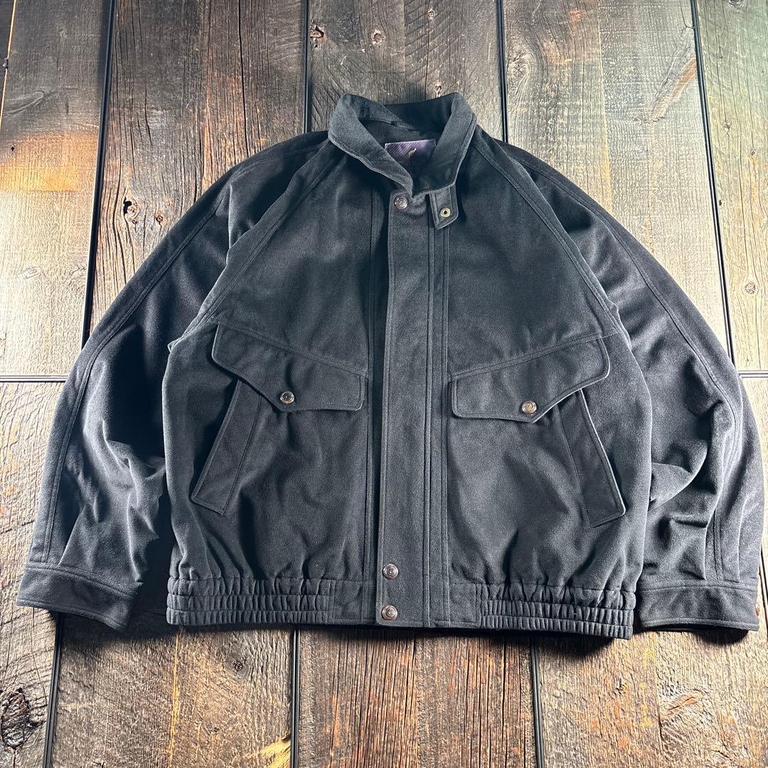 古着　ベロア　短丈ボンバージャケット　黒　太アームラグラン　Lフライトジャケット