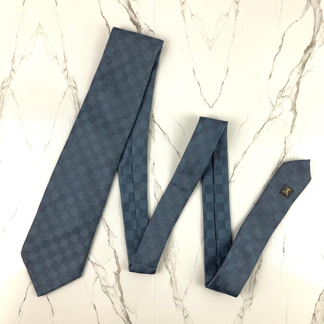 りん　美品　ルイヴィトン　ネクタイ　ダミエ　ソリッド　ジャガード　ブルーグ