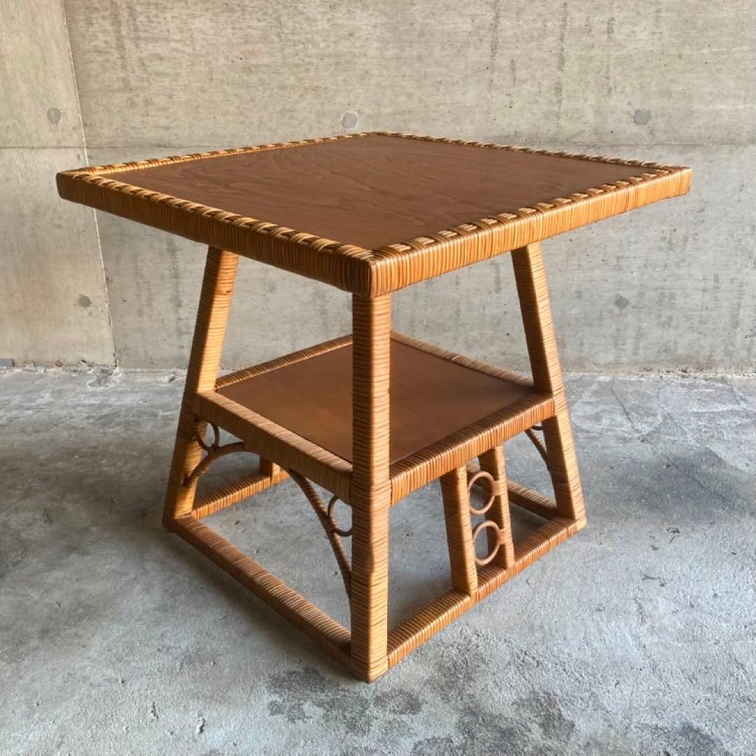 籐 ラタン 木製 コーヒーテーブル カフェ 机 スクエア レトロ ビンテージ