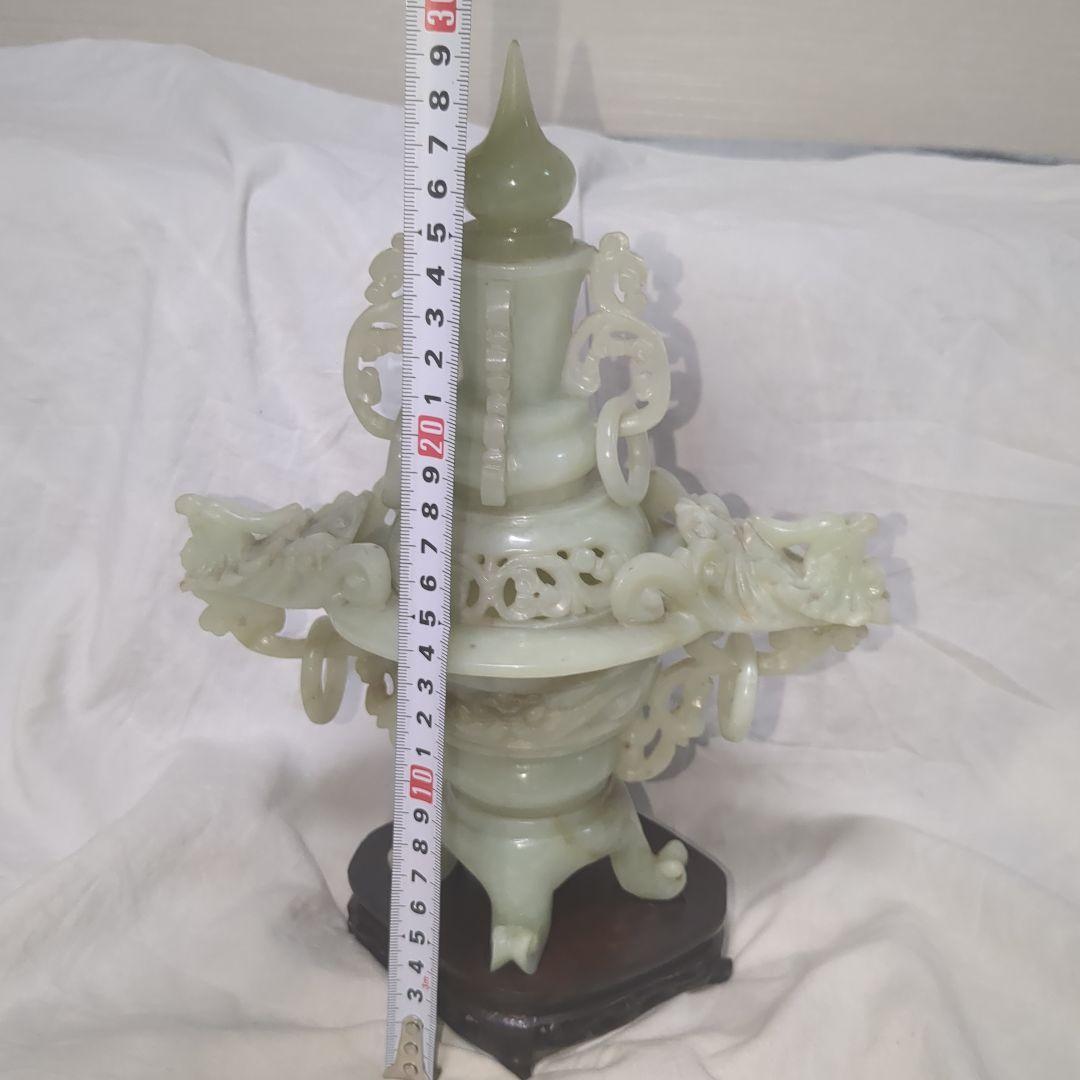 中国美術　翡翠香炉　ヒスイ　四つ足　アンティーク雑貨　 鳥彫刻