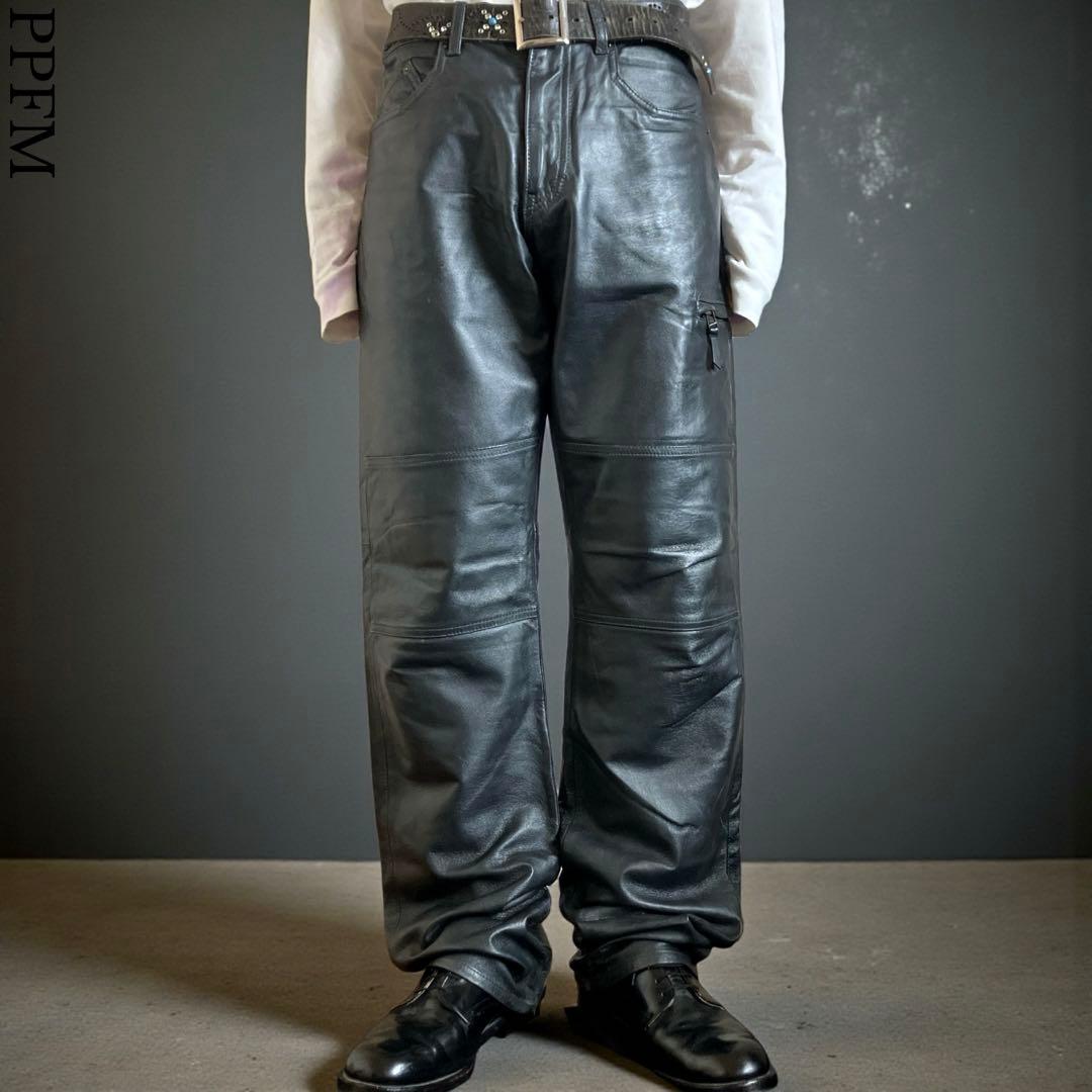 本革00s PPFM Lサイズ ダブルニー ブラックレザーカーゴパンツ Y2K