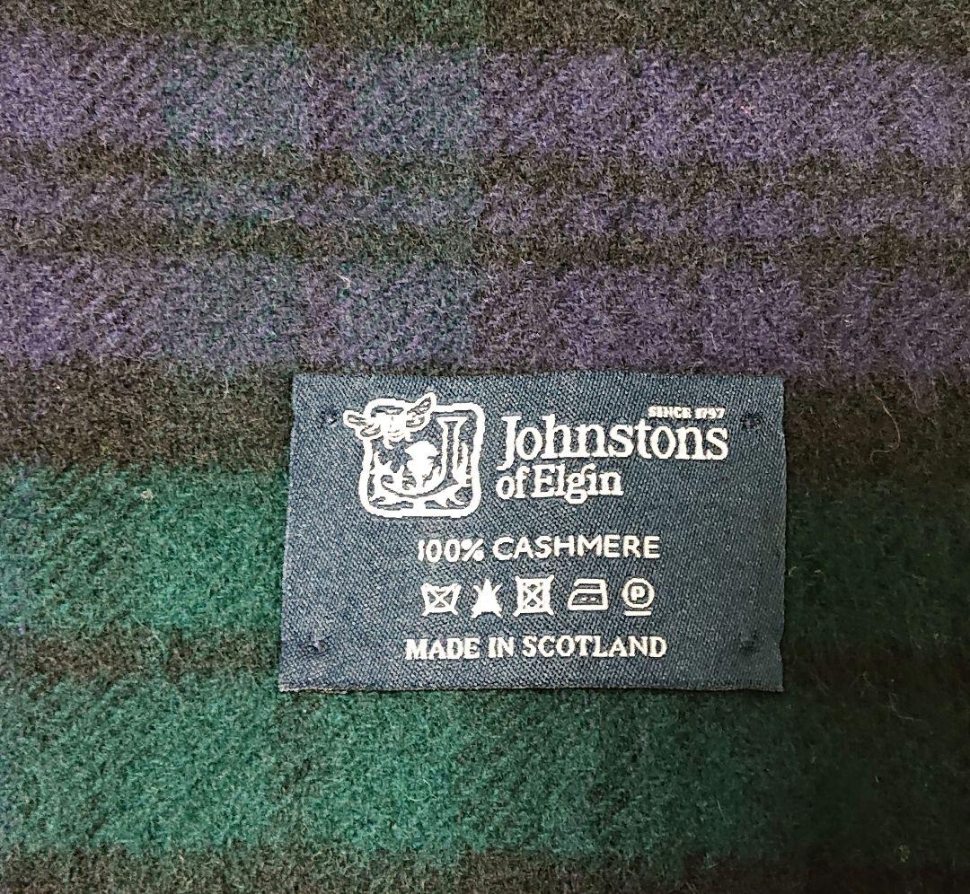 ジョンストンズ マフラー チェック柄 カシミヤ 緑 メンズ レディース 洗濯済