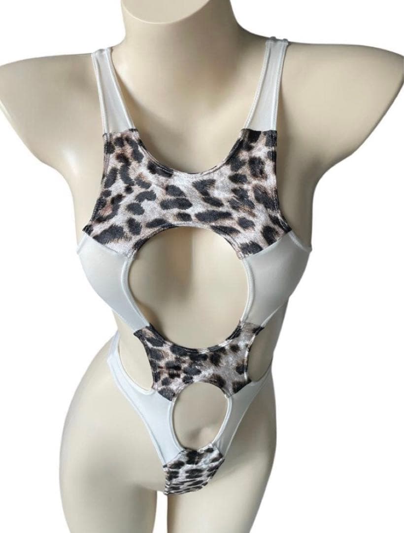 レオタード　ハイレグ　穴あき　クラシックレオパード×オフホワイト