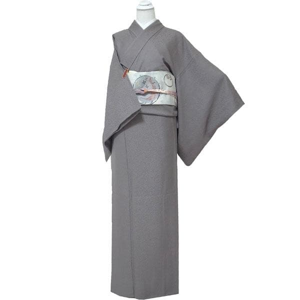 色無地 着物 袷 灰紫 地紋 セミフォーマル 絹 裄68 Ｌ 中古 sn1899