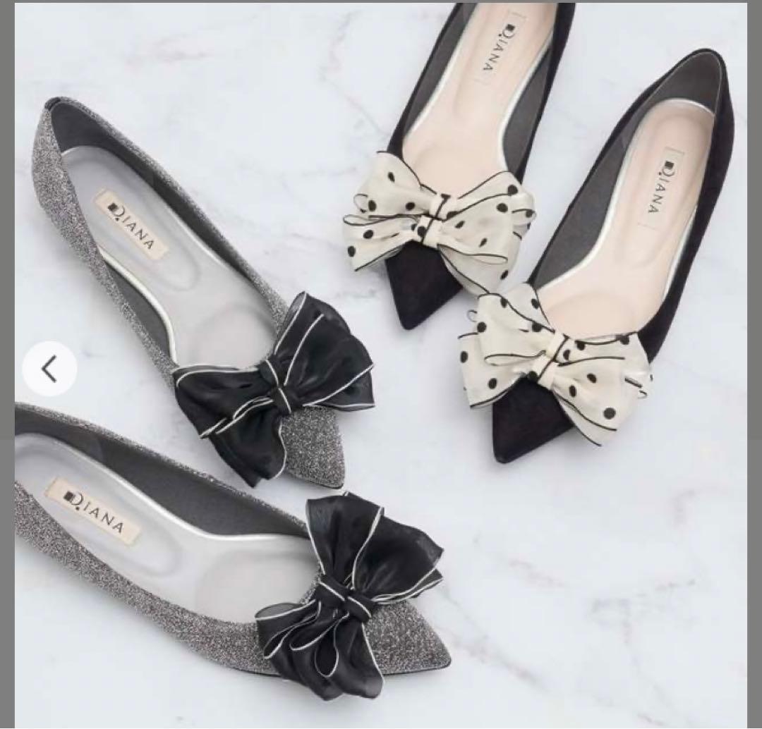 DIANA リボン付きフラットシューズ 黒 グレー