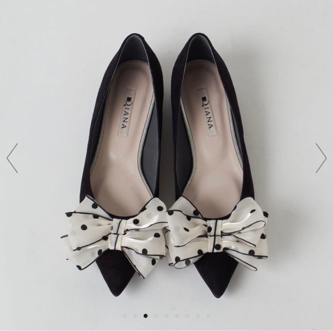 DIANA リボン付きフラットシューズ 黒 グレー