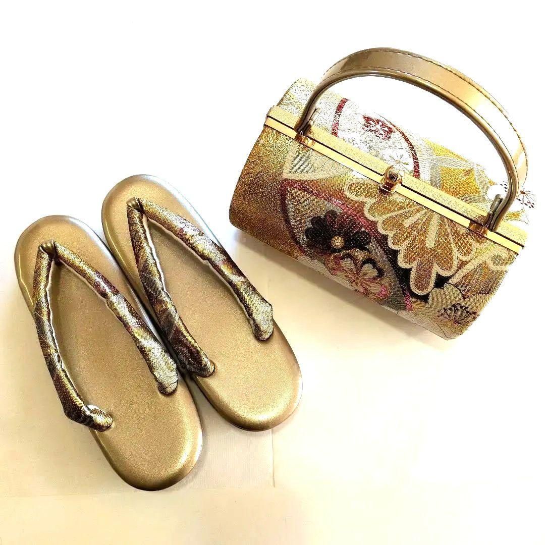 草履とバッグのセット 金色花柄