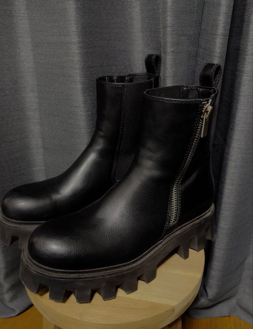厚底ショートブーツ 黒 サイドジップ 42