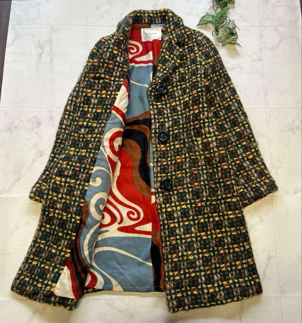 machiko jinto ウールモヘヤコート　マルチカラー　サイズＭ　裏地総柄