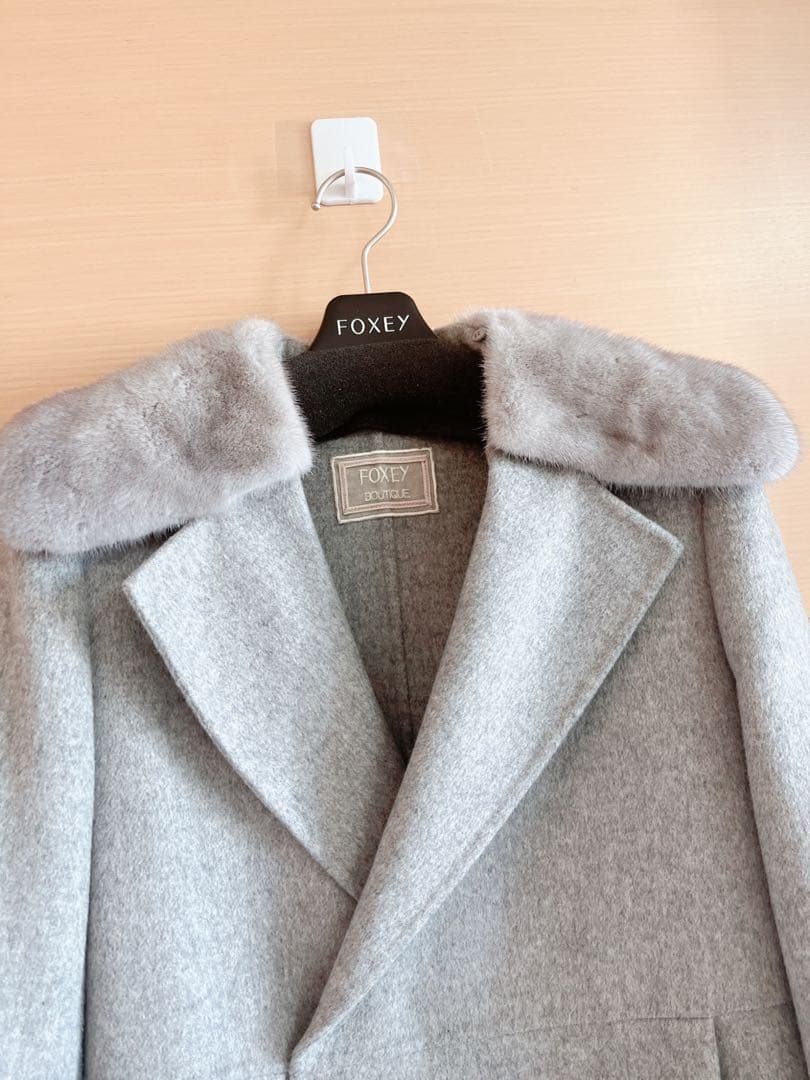 フォクシーミンク襟カシミヤロングコート♪グレー