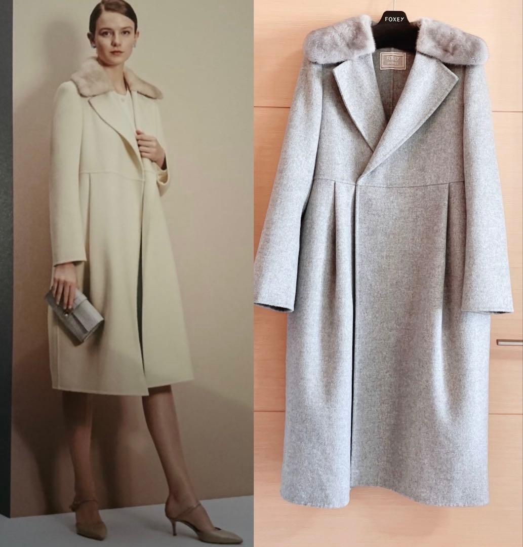 フォクシーミンク襟カシミヤロングコート♪グレー