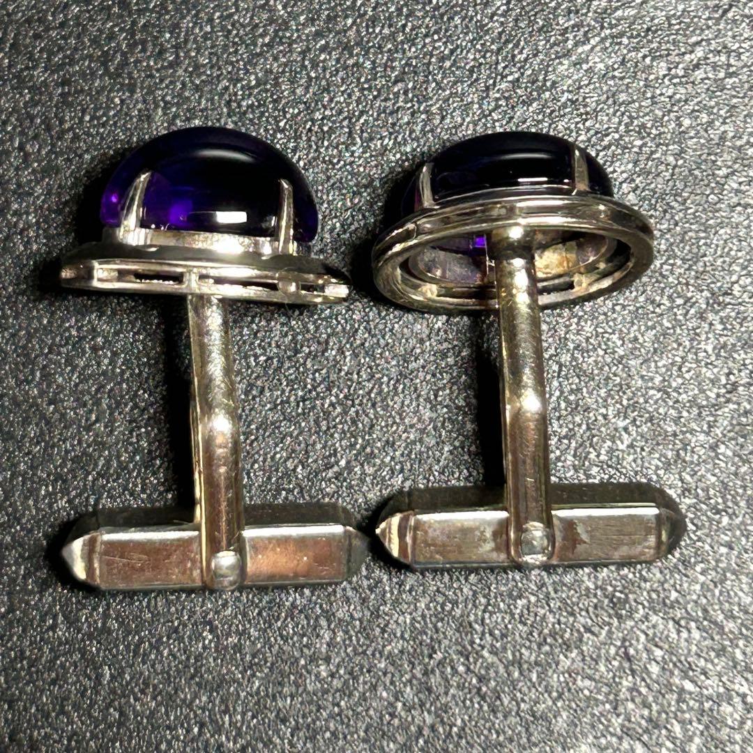天然石　大粒アメジスト？　14KWG　14金ホワイトゴールド　カフリンクス