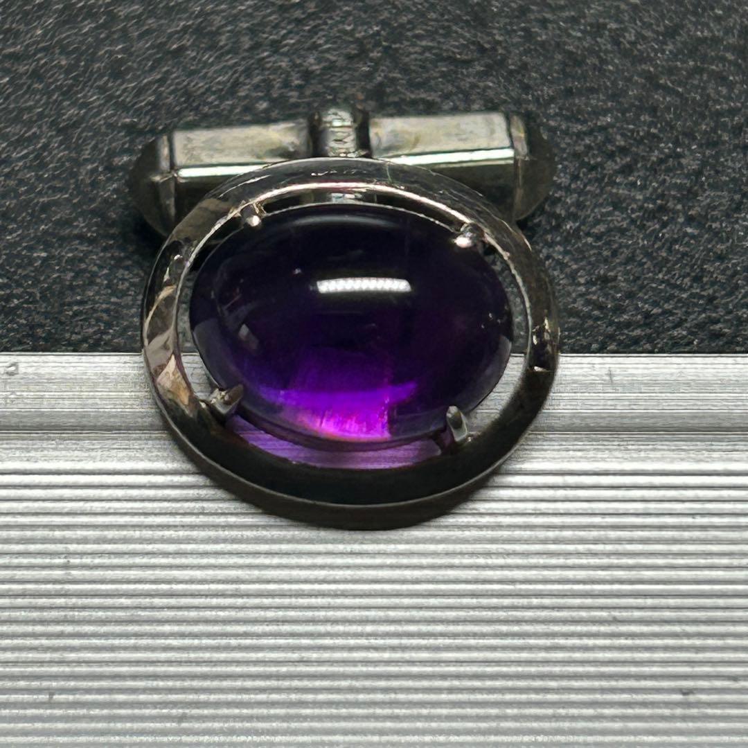 天然石　大粒アメジスト？　14KWG　14金ホワイトゴールド　カフリンクス