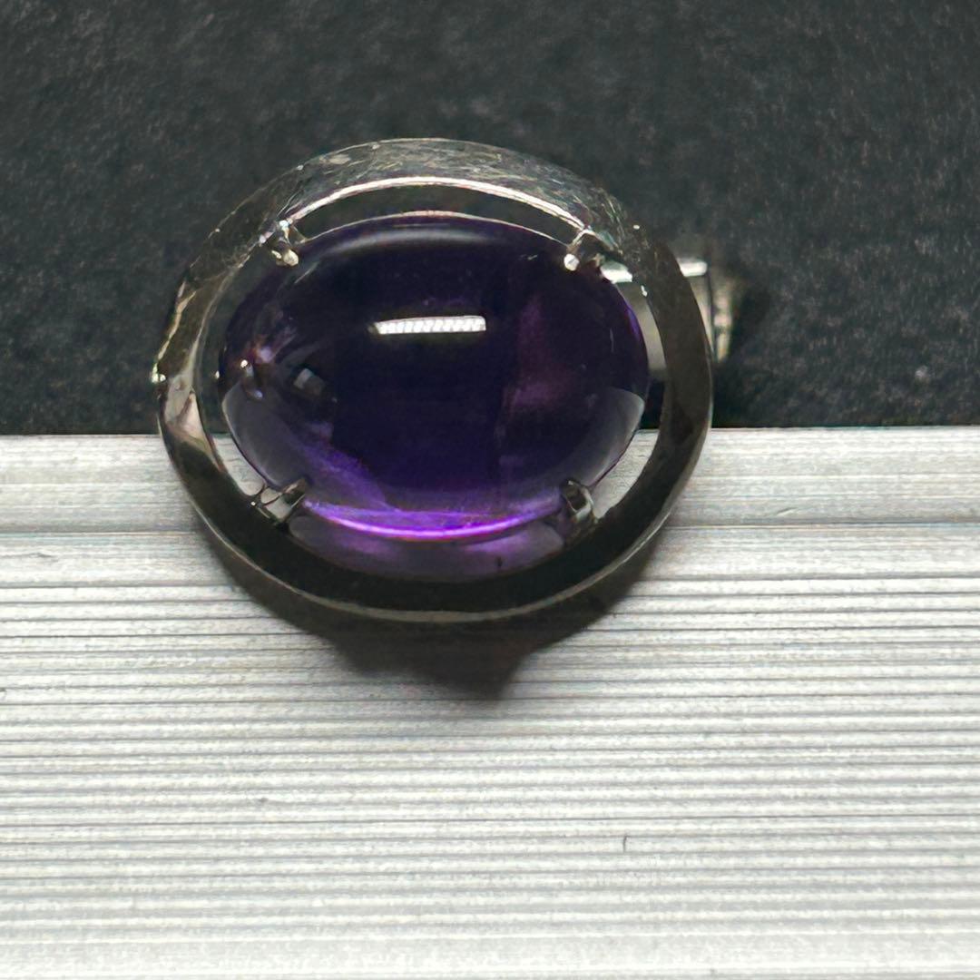 天然石　大粒アメジスト？　14KWG　14金ホワイトゴールド　カフリンクス